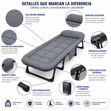 CAMA PORTATIL PLEGABLE RECLINABLE 6 POSICIONES COLCHON ACOLCHADO ESTRUCTURA REFORZADA RESISTENTE - 4