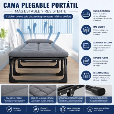CAMA PORTATIL PLEGABLE RECLINABLE 6 POSICIONES COLCHON ACOLCHADO ESTRUCTURA REFORZADA RESISTENTE - 5