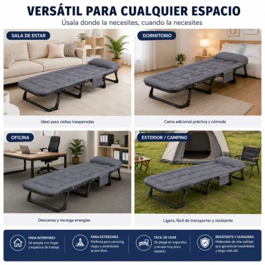CAMA PORTATIL PLEGABLE RECLINABLE 6 POSICIONES COLCHON ACOLCHADO ESTRUCTURA REFORZADA RESISTENTE - 6