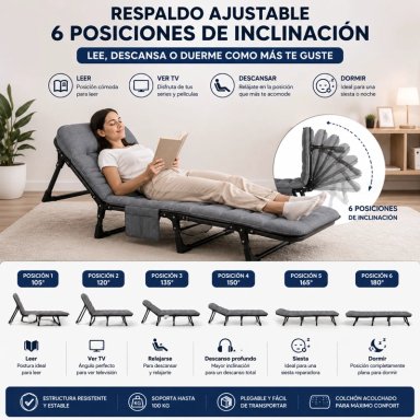 CAMA PORTATIL PLEGABLE RECLINABLE 6 POSICIONES COLCHON ACOLCHADO ESTRUCTURA REFORZADA RESISTENTE - 7
