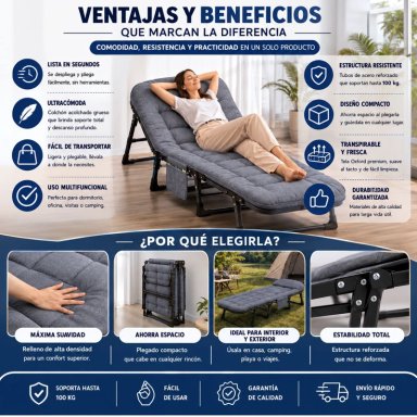 CAMA PORTATIL PLEGABLE RECLINABLE 6 POSICIONES COLCHON ACOLCHADO ESTRUCTURA REFORZADA RESISTENTE - 8