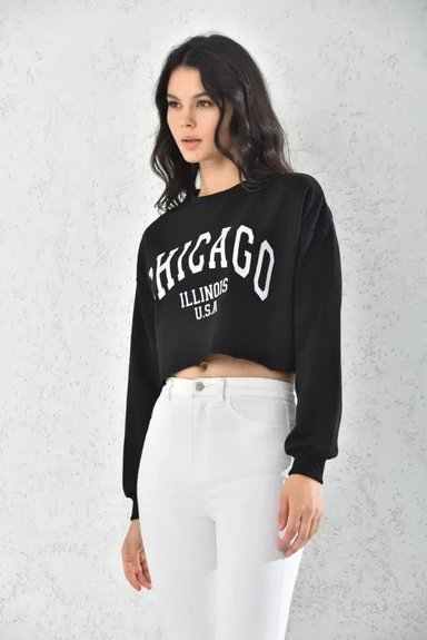 POLERON CROP TOP MUJER NEGRO CON CAPUCHA - 1