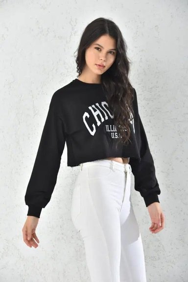 POLERON CROP TOP MUJER NEGRO CON CAPUCHA - 2