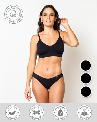 PACK 3 CALZÓN ALGODÓN MUJER UNICA LINGERIE NEGRO BIKINI HYDROFLEX SIN DEMARCACIÓN - 1