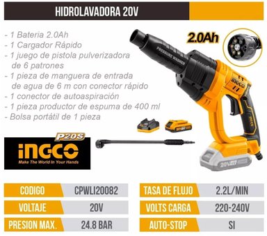 HIDROLAVADORA INGCO INALAMBRICA 20 V + BAT+ CARG+ 5 ACC - 3