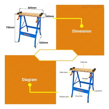 BANCO WADFOW TRABAJO PLEGABLE 100 KG 60X63X75 CM WWE1525 - 3