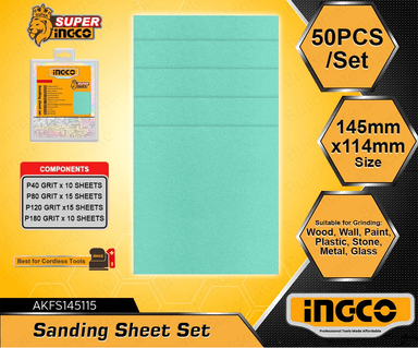 SET 50 LIJAS P40 80 120 180 MULTIMATERIAL 145X114 MM INGCO - 6