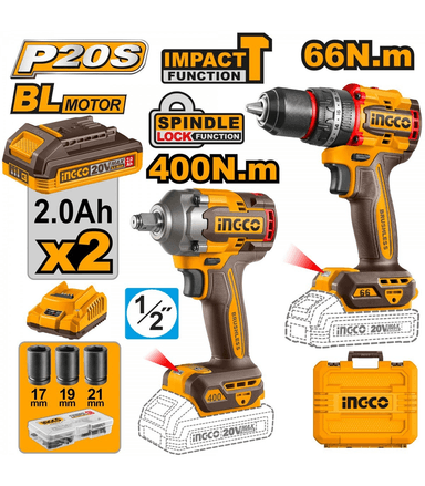 SET TALADRO PERCUTOR + LLAVE DE IMPACTO INGCO +ACC CKLI20275 - 1