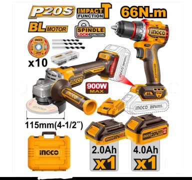 SET KIT TALADRO Y ESMERIL BL INALAMB 20V INGCO + 2 BAT + ACC CKLI20273 - 4