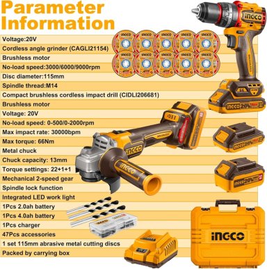 SET KIT TALADRO Y ESMERIL BL INALAMB 20V INGCO + 2 BAT + ACC CKLI20273 - 6