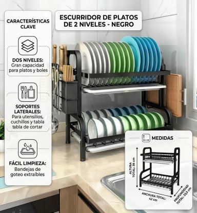 ESCURRIDOR DE PLATOS 2 NIVELES DE METAL ACERO INOXIDABLE - 2