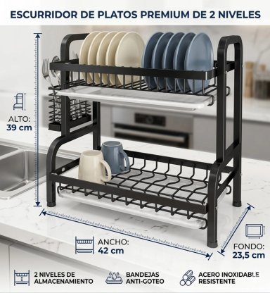 ESCURRIDOR DE PLATOS 2 NIVELES DE METAL ACERO INOXIDABLE - 3