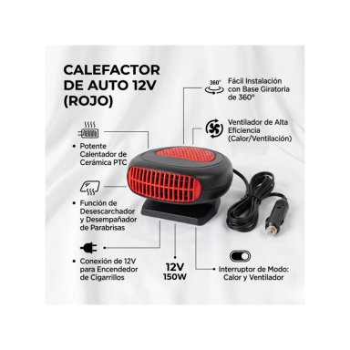 CALEFACTOR PARA AUTOS 12V 300W VENTILADOR AUTO - ROJO - 5