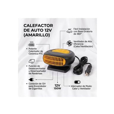 CALEFACTOR PARA AUTOS 12V 300W VENTILADOR AUTO - AMARILLO - 3