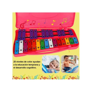 METALOFONO CROMATICO INFANTIL 25 NOTAS XILOFONO CON MALETA DE TRANSPORTE Y BAQUETAS - ROSA - 4