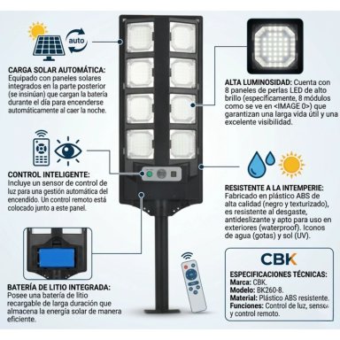 FOCO SOLAR LED 800W CBK BK260-8 - ALTA LUMINOSIDAD + CONTROL REMOTO - RESISTENTE AL AGUA - 3