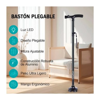 BASTON ORTOPEDICO PLEGABLE CON LUZ LED BASE ADULTO AJUSTABLE - 2