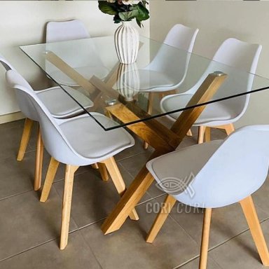 COMEDOR MEDLOCK VIDRIO 140X90 + 6 SILLAS TULIP BLANCAS - 1