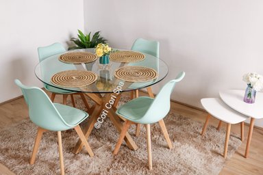 COMEDOR MESA VIDRIO D100 + 4 SILLAS TULIP COLOR MENTA - 1