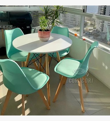 COMEDOR MESA EAMES BLANCA 80CMS + 4 SILLAS TULIP REPLICA MENTA - 1