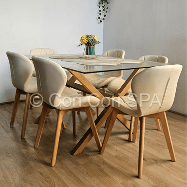 COMEDOR MEDLOCK 140X90CMS + 6 SILLAS MARIPOSA ECOCUERO WOOD BEIGE - 1