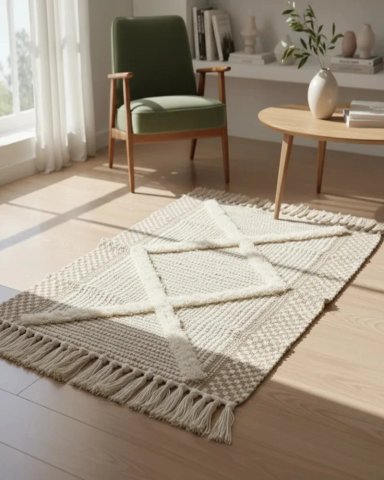 ALFOMBRA DE LINO BAJADA DE CAMA ESTILO BOHO MEDIDA 60 CM X 90 CM - 1