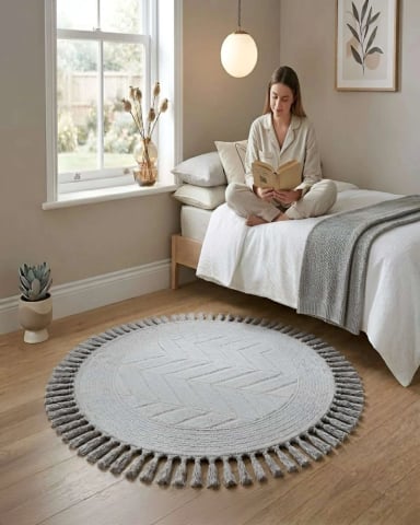 ALFOMBRA REDONDA CON FLECOS 80CM DIAMETRO DISEÑO BOHO - 1