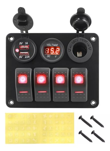 PANEL BOTONERA 4 INTERRUPTORES SWITCH 2USB VOLTIMETRO 12-24V - 1
