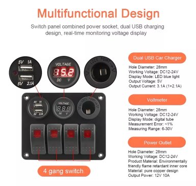 PANEL BOTONERA 4 INTERRUPTORES SWITCH 2USB VOLTIMETRO 12-24V - 2