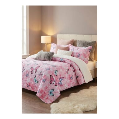 CUBRECAMA 2 PLAZAS ROSADO SHERPA QUILT MARIPOSA M937 - 1