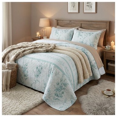 CUBRECAMA BLANCO SHERPA QUILT KING FLORES VERDE AGUA M940 - 2