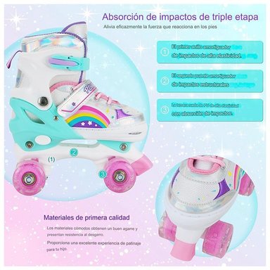 PATINES 4 RUEDAS LED AJUSTABLE NIÑAS ARCOIRIS TURQUESA - 3