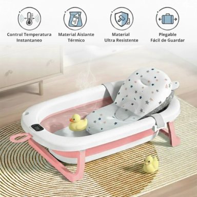 TINA BAÑERA BEYAI PLEGABLE BEBÉ CON TERMÓMETRO Y COJÍN ESTRELLA ROSADO - 4