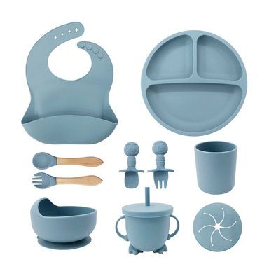 SET BABYLUNA CUBIERTOS SILICONA LIBRE BPA ANTIDESLIZANTE CELESTE - 1