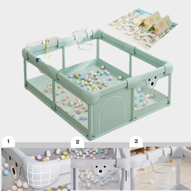 CORRAL BABYLUNA GIMNASIO JUEGO BEBÉ CON ALFOMBRA Y JUEGOS 150*180*65 CM VERDE - 1