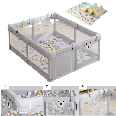 CORRAL BABYLUNA GIMNASIO JUEGO BEBÉ CON ALFOMBRA Y JUEGOS 150*180*65 CM GRIS - 1