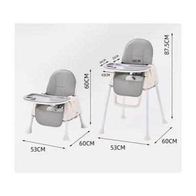 SILLA DE COMER 4 EN 1 CON CINTURÓN, DOBLE BANDEJA PARA NIÑOS GRIS - 2