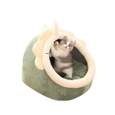 CASA CAMA SUAVE PARA GATOS CON JUGUETE COLGANTE VERDE - 1