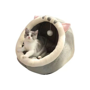 CASA CAMA SUAVE PARA GATOS CON JUGUETE COLGANTE GRIS - 1