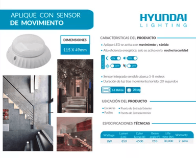 APLIQUE LED SENSOR MOVIMIENTO 8W 6500K HYUNDAI COLOR BLANCO FRIO ¡SIN IMAGEN! - 2