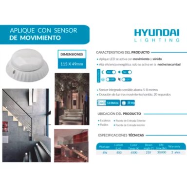 APLIQUE LED SENSOR MOVIMIENTO 8W 6500K HYUNDAI EN COLOR BLANCO FRIO - 2