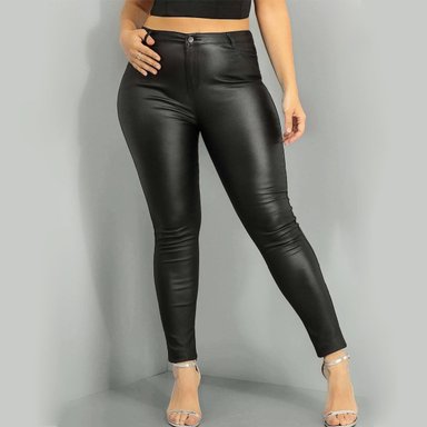 JEANS MUJER BUCANERAS NEGRO ECO CUERO CALCE PERFECTO TIRO ALTO ELASTICADOS BOTÓN CIERRE TALLA GRANDE - 1