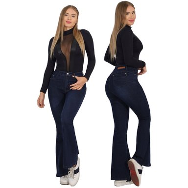 JEAN LARGO FLARE MUJER AZUL PUSH UP ACAMPANADO LEVANTA COLA CORTE COLOMBIANO ESCULTOR OSCURO - 1