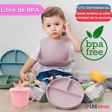 SET DE ALIMENTACIÓN BEBÉ SILICONA CON VASO 5 PIEZAS LIBRE BPA ROSA CLARO - 5