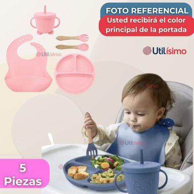 SET DE ALIMENTACIÓN BEBÉ SILICONA CON VASO 5 PIEZAS LIBRE BPA ROSA CLARO - 8