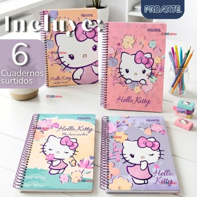 PACK 6 CUADERNOS UNIVERSITARIO HELLO KITTY 150 HOJAS TAPA GRUESA PROARTE DISEÑO SURTIDO - 1