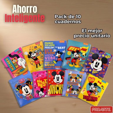 PACK 10 CUADERNOS UNIVERSITARIOS MICKEY MOUSE PROARTE 7MM 100 HOJAS DISEÑOS SURTIDOS - 7