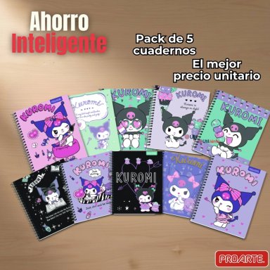 PACK 5 CUADERNOS UNIVERSITARIOS KUROMI PROARTE 7MM 100 HOJAS DISEÑOS SURTIDOS - 7