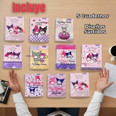 PACK 5 CUADERNOS UNIVERSITARIO MY MELODY & KUROMI PROARTE 7MM 100 HOJAS DISEÑOS SURTIDOS - 2