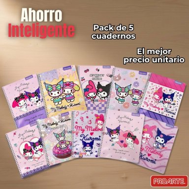 PACK 5 CUADERNOS UNIVERSITARIO MY MELODY & KUROMI PROARTE 7MM 100 HOJAS DISEÑOS SURTIDOS - 8